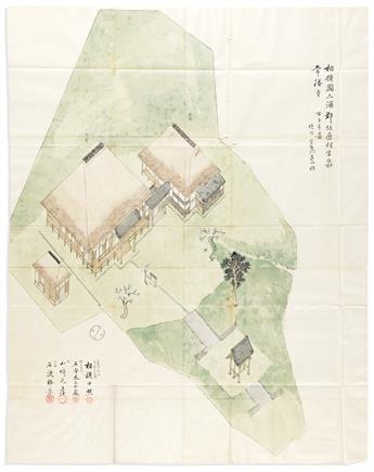 (JAPAN -- ARCHITECTURE.) Group of 4 large manuscript plans of Japanese villas and shrines in the Kamakura area, south of Yokohama.